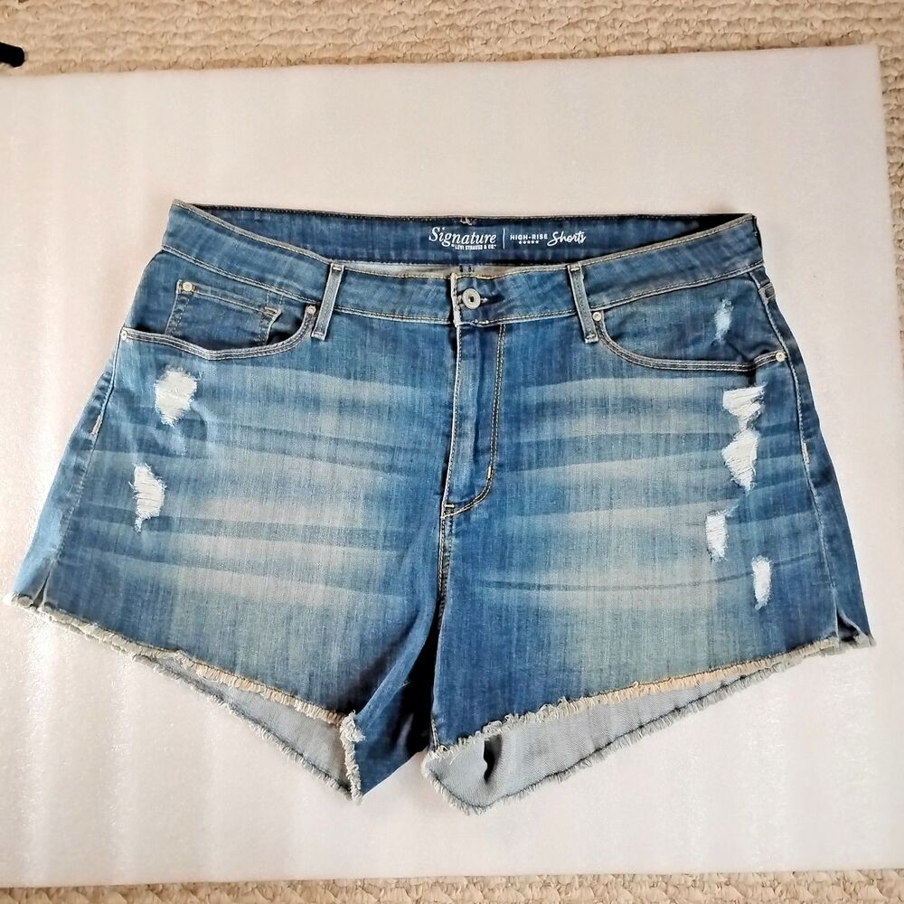 Levi Strauss Women 18 W34 Shorts Blue Denim Jean High Rise Distress Frayed BOHO